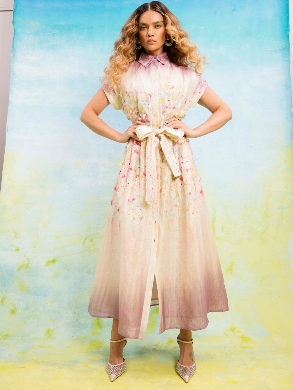 LA FUORI Pastel‎ Pink Ombre Floral Tie-Waist Midi Dress